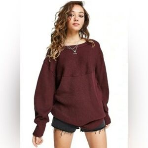 Free People OG Volume Sleeve Thermal Pullover Sweater Cherry Cola XS We The Free